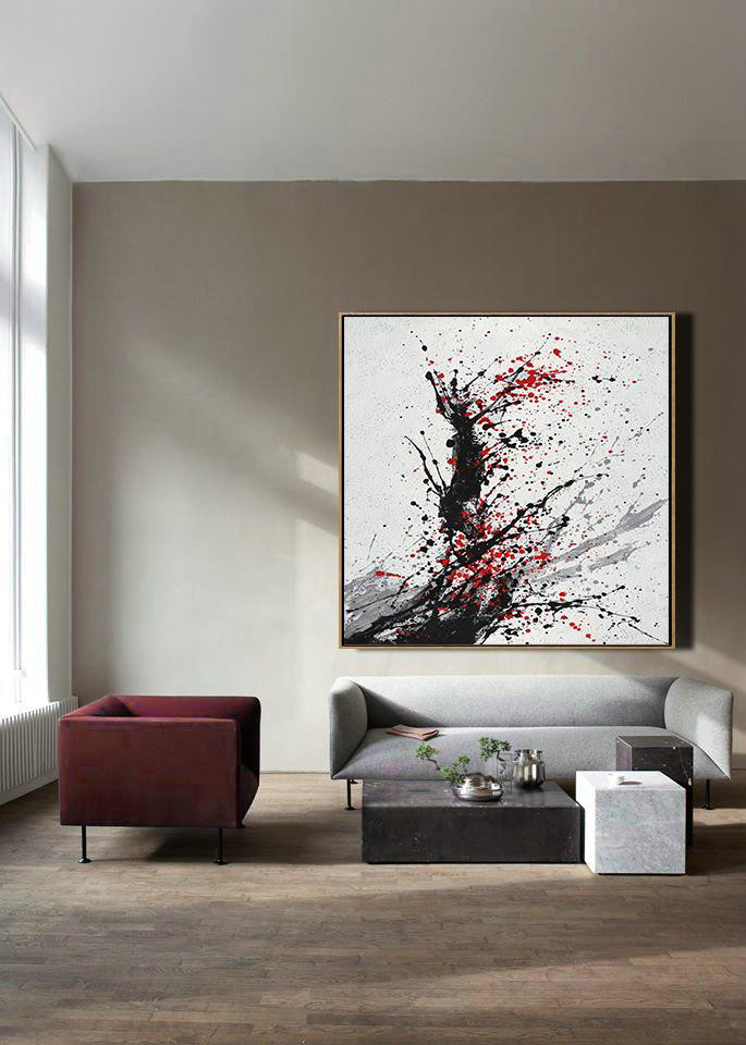 Huge Abstract Painting On Canvas,Minimalist Drip Painting On Canvas, Black, White, Grey, Red,Hand-Painted Contemporary Art #W5J1